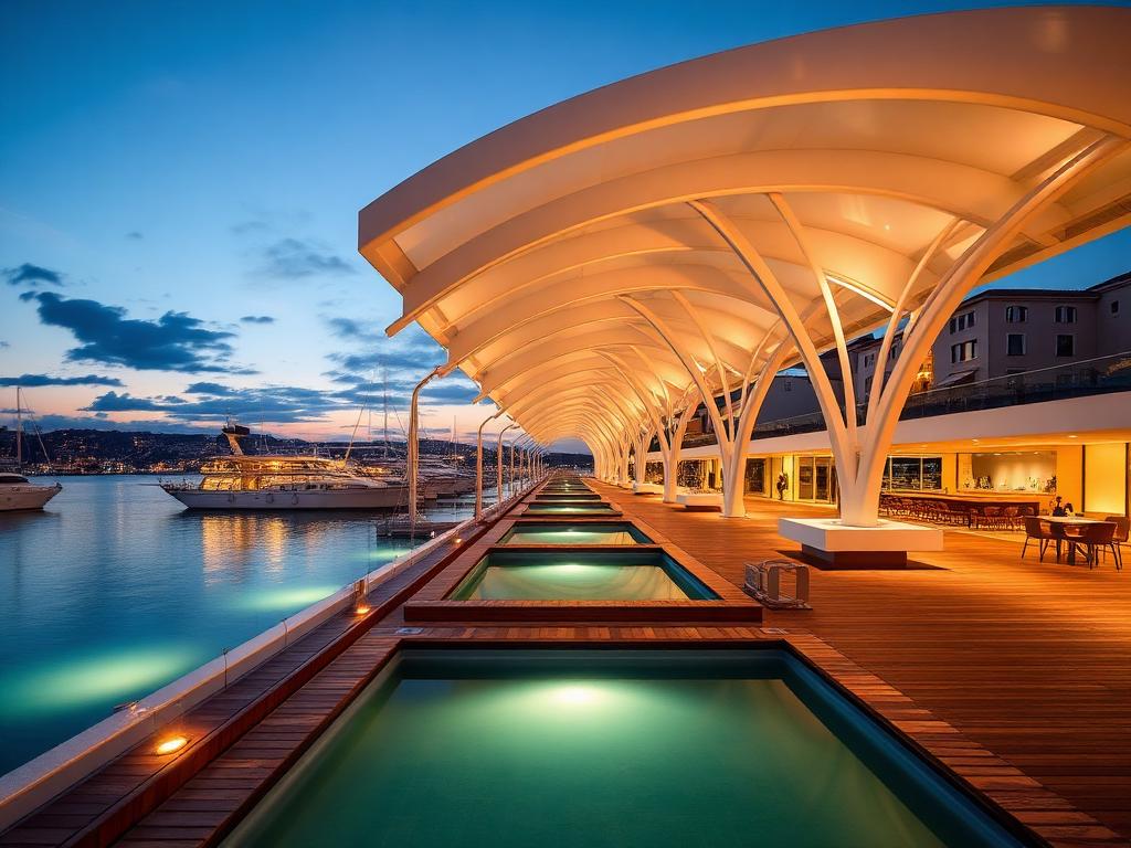 Il nuovo Waterfront di Levante con la copertura di design al tramonto