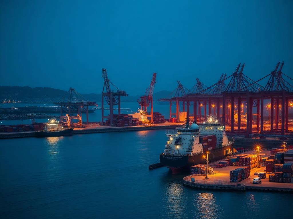 Il porto di Genova con gru e navi illuminate all'ora blu