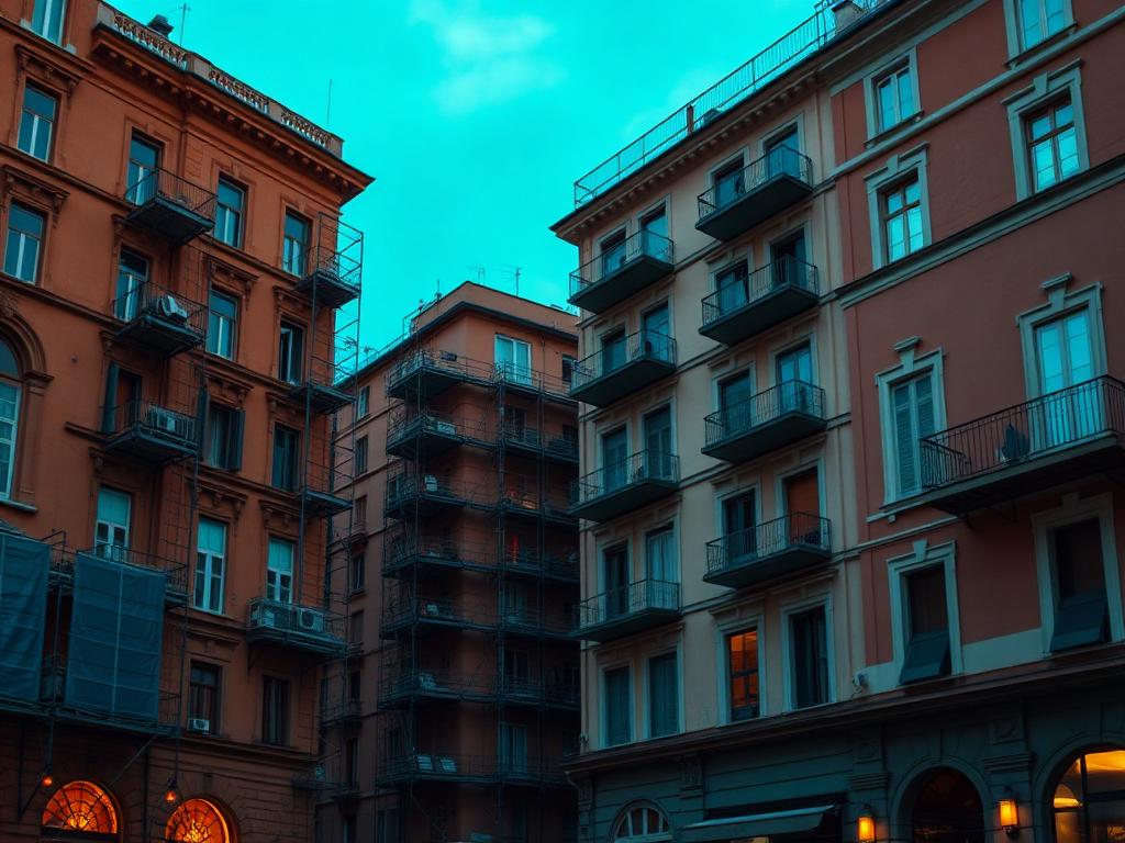 Palazzi genovesi storici in fase di riqualificazione al crepuscolo